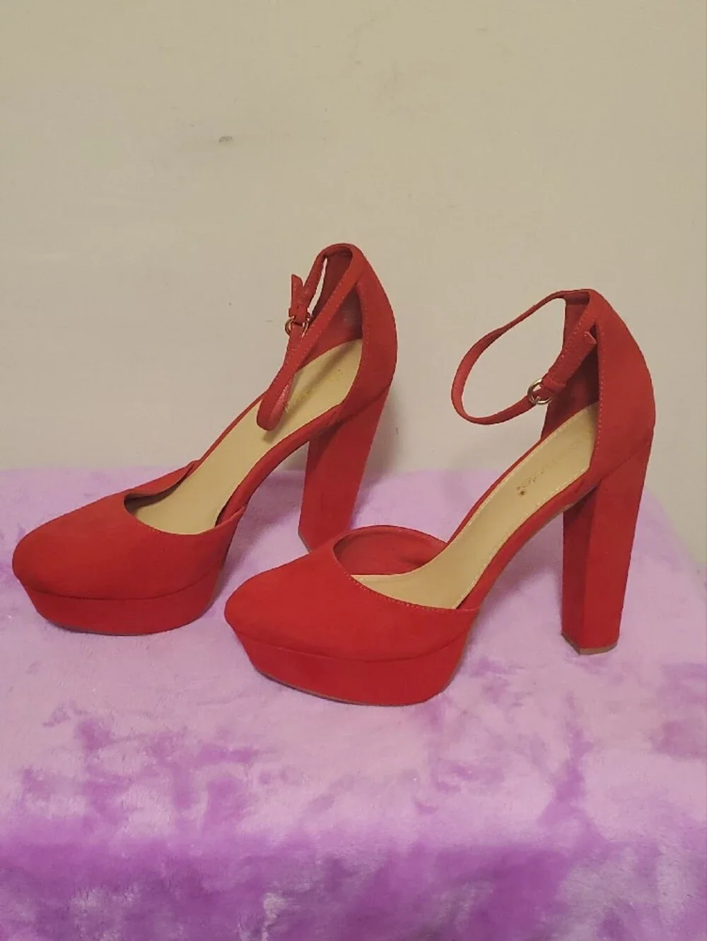 Shoe Dazzle Red Suede Ankle-Strap Platform Heels